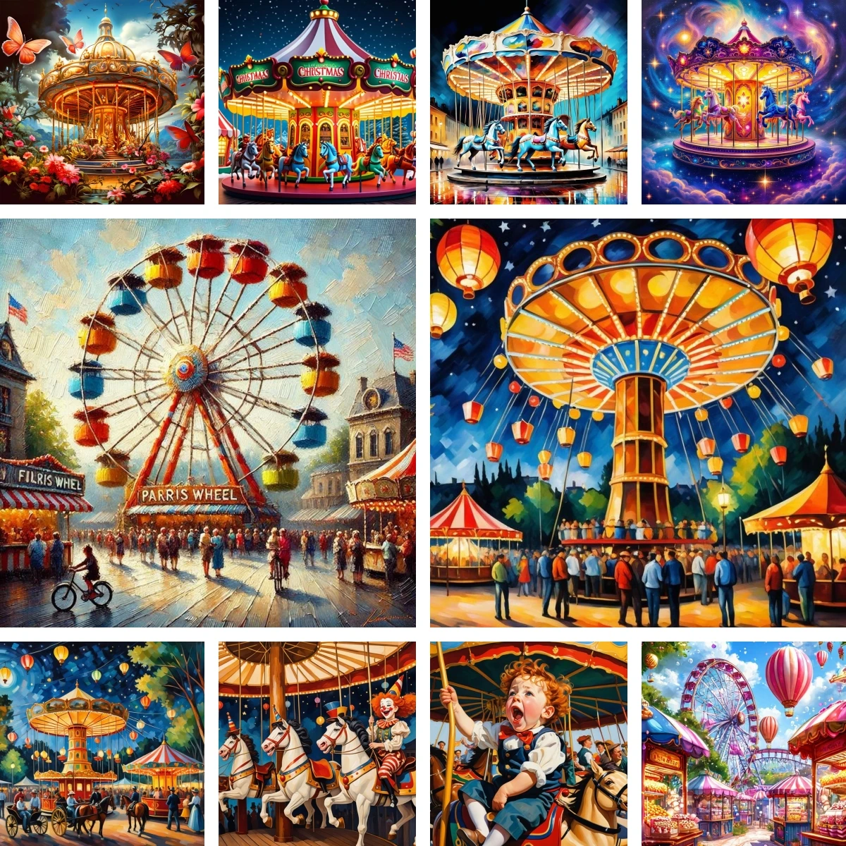 

5D Diamond Painting Kit Vintage Carousel Wall Art DIY Night Carnival Merry Go Round Poster Full Round/Square Drill Decor Gift
