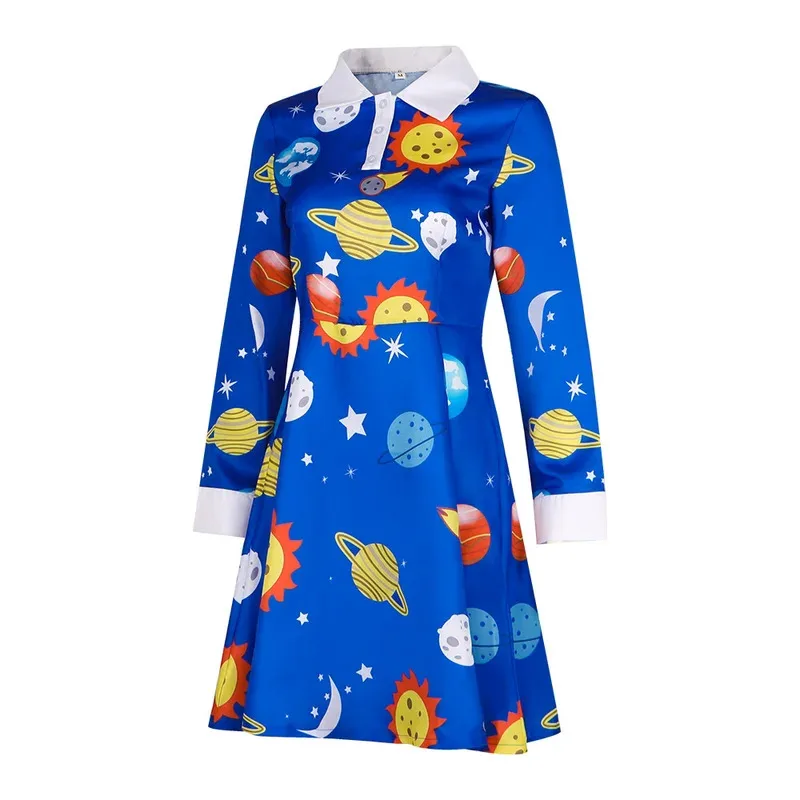 The Magic School Bus Miss Frizzle Costume Women Halloween Costumes Teacher Cosplay Outfit Vintage Blue Long Sleeve Dress goi/6