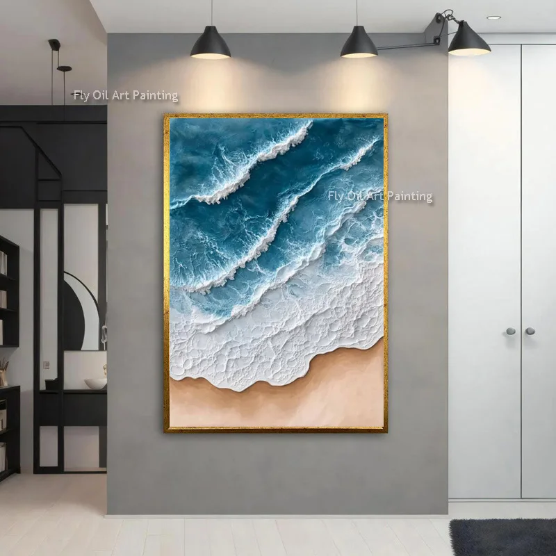 Modern Dark Blue And White Ocean Waves Thick Oil Painting On Canvas Hand Painted Brown White Sea Waves Wall Art Seascape Artwork
