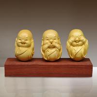 Small 3 Wise Monks Statues Boxwood Ornaments Buddha Cute Buddha Figurines for Desktop Home Decor Sculptures Collections