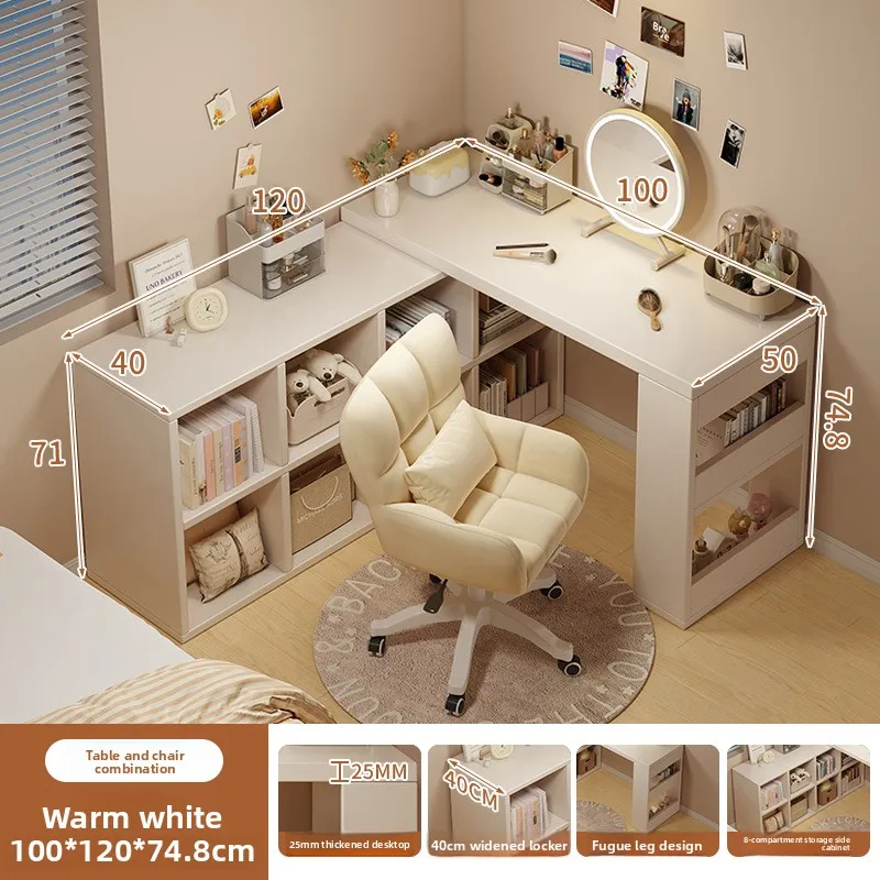 Computer Desk Corner Bookshelf Integrated Desk Girls Bedroom L-Shaped Desk Retractable End Table