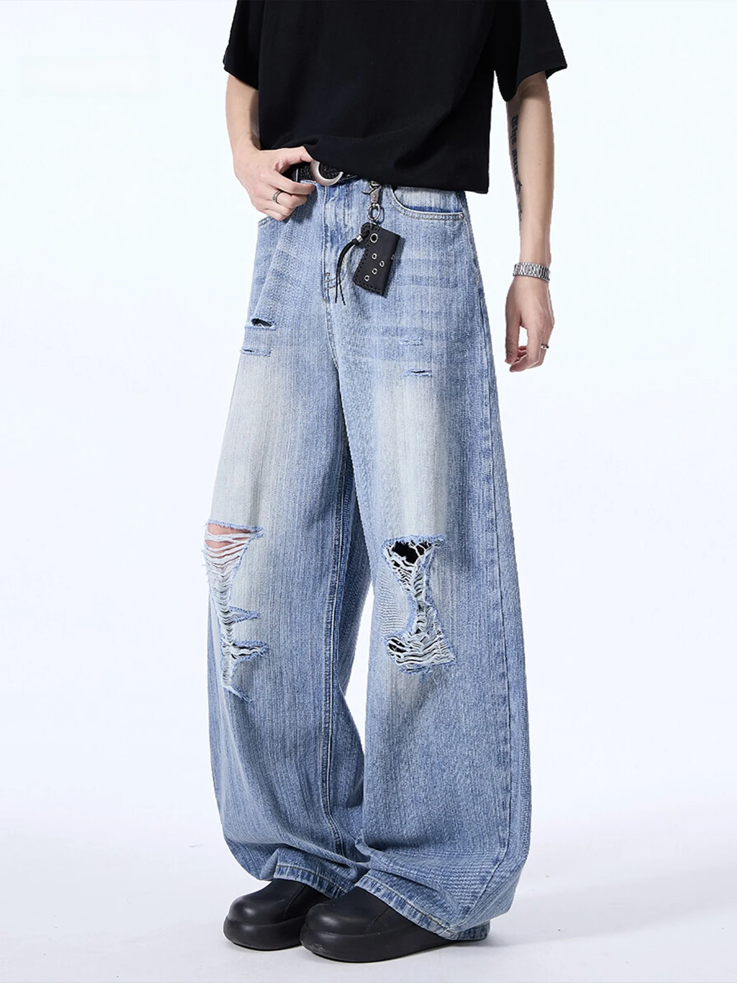 

WMNM Men's Summer Thin Ice Silk Denim Jeans Wide Leg Hole Punching Retro Straight Leg Long Pants Fashionable Urban Style
