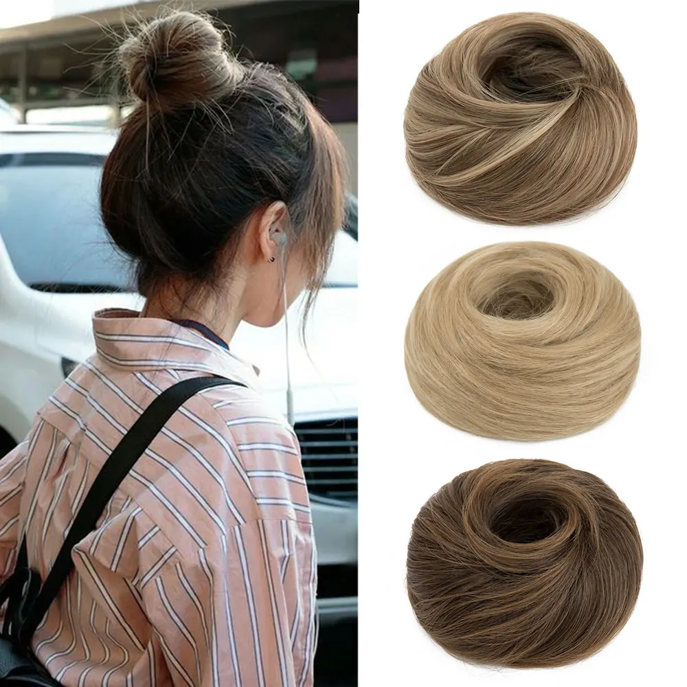 Snoilite Synthetic Chignon Elastic Rubber Band Fake Hair Bun Clip in on Hair Tail Extension Updo Hair Piece Ponytail For Women