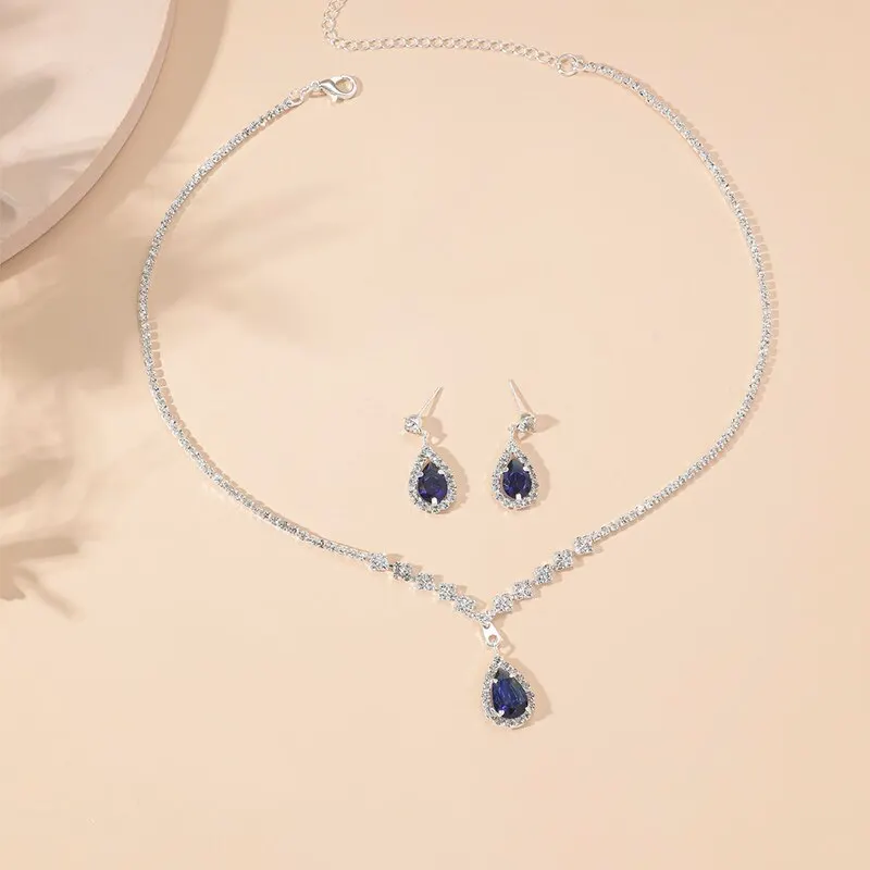 2 Pcs Set Blue Crystal Stone Denpent Necklace Bracelet With Dazzling Cubic Zircon Romantic Daily Wear Jewelry Girl Gift