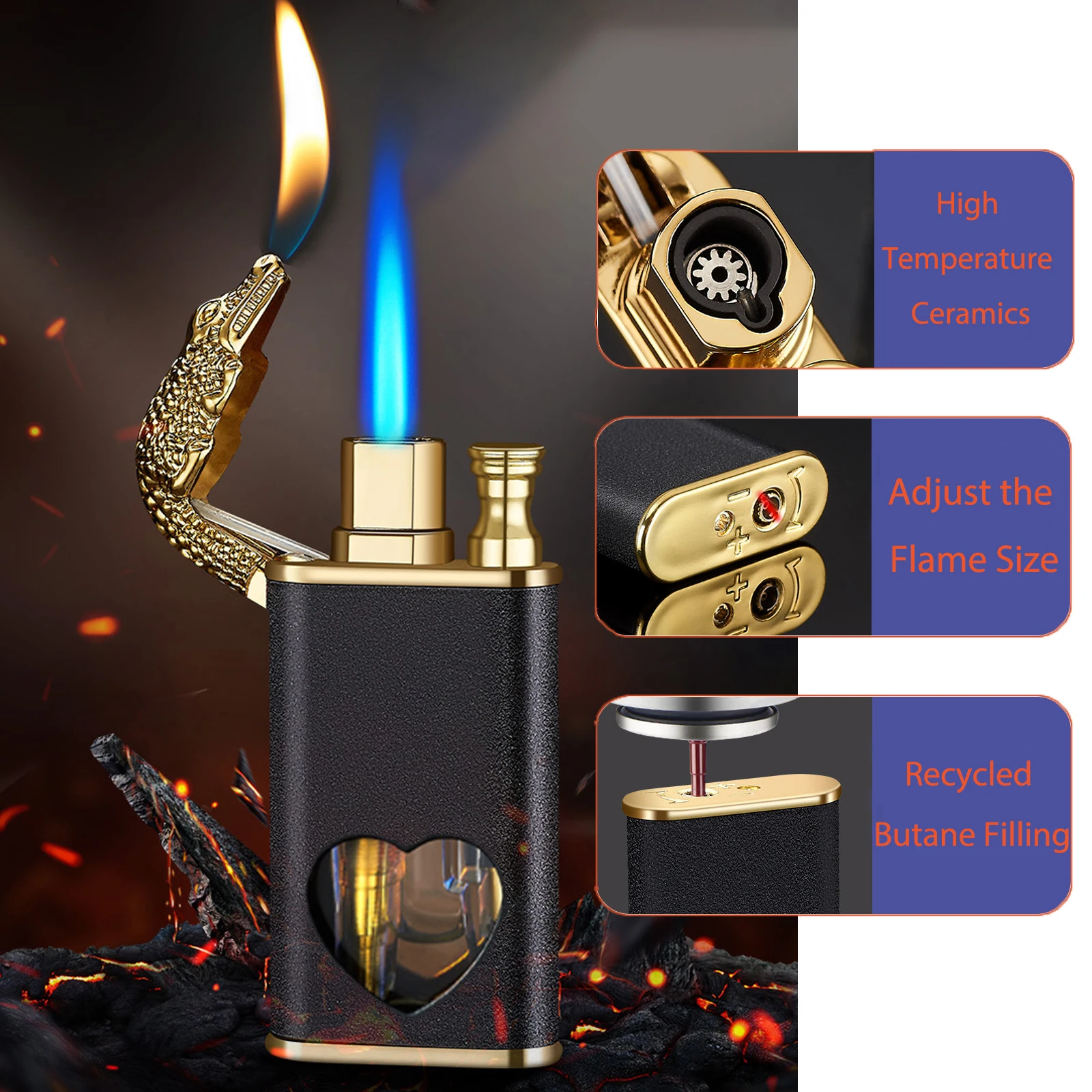 Magic Dragon Dual Flame Lighter with Adjust Flame Tool Windproof Jet Torch Lighter with Love Visible Gas Window (Without Butane)