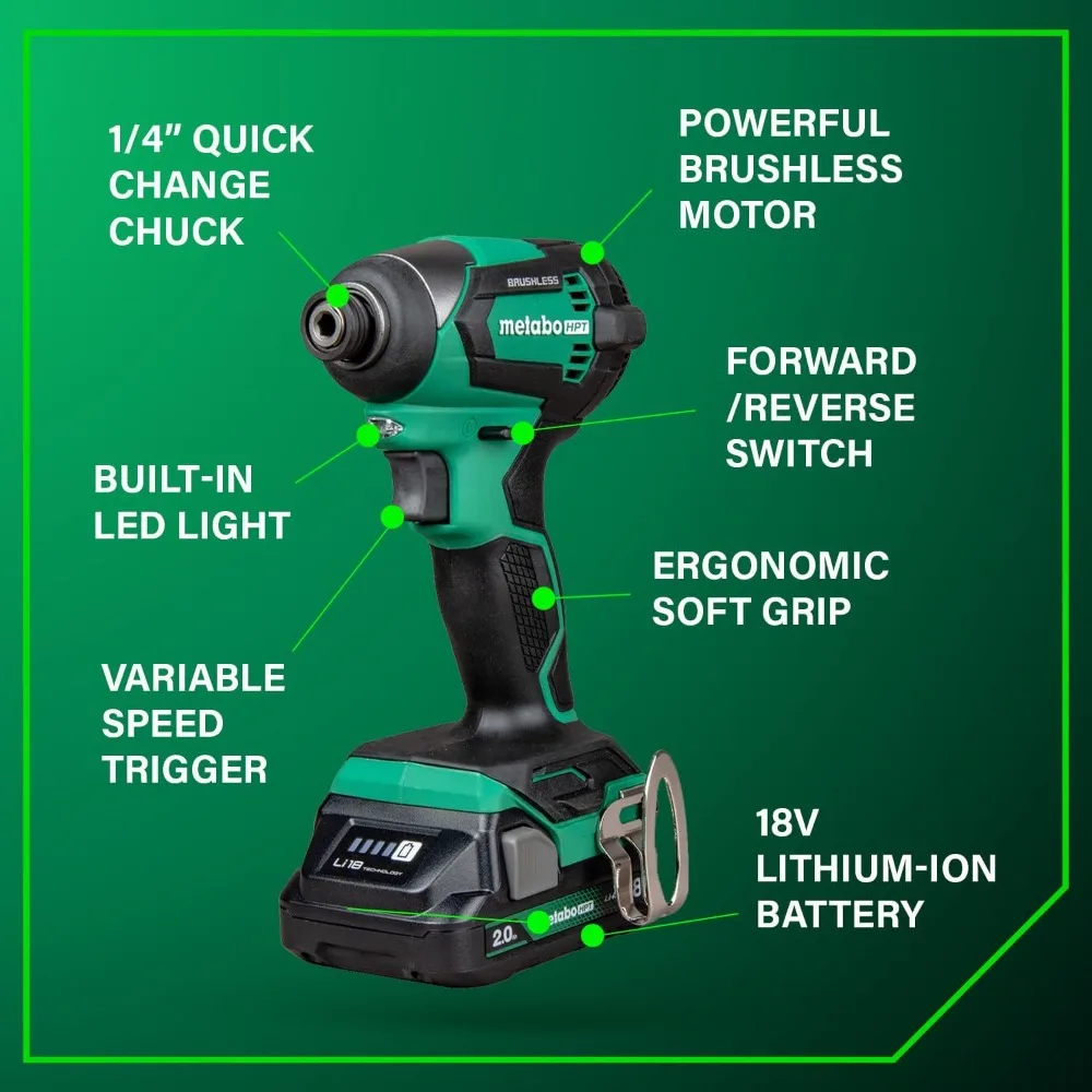 Voltios múltiples de 18 V ™   Kit combinado de taladro y controlador de impacto sin escobillas inalámbrico, kit de herramientas eléctricas, 2 baterías Metabo HPT de iones de litio