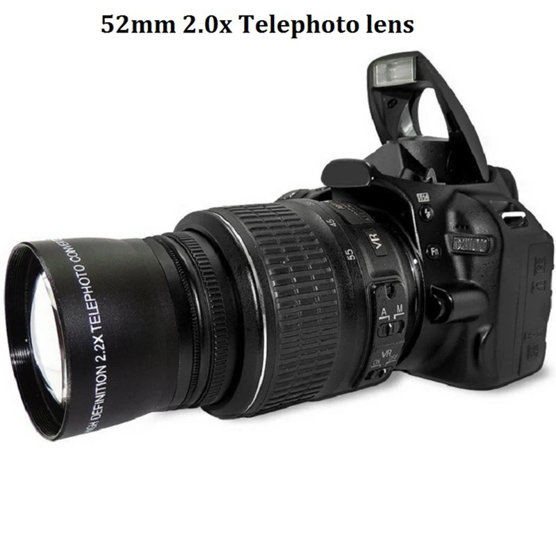 2.0X 52mm High Definition Telephoto Lens with Front & Rear Lens Cap for D7100 D5200 D5100 D3100 D90 D60 Cameras