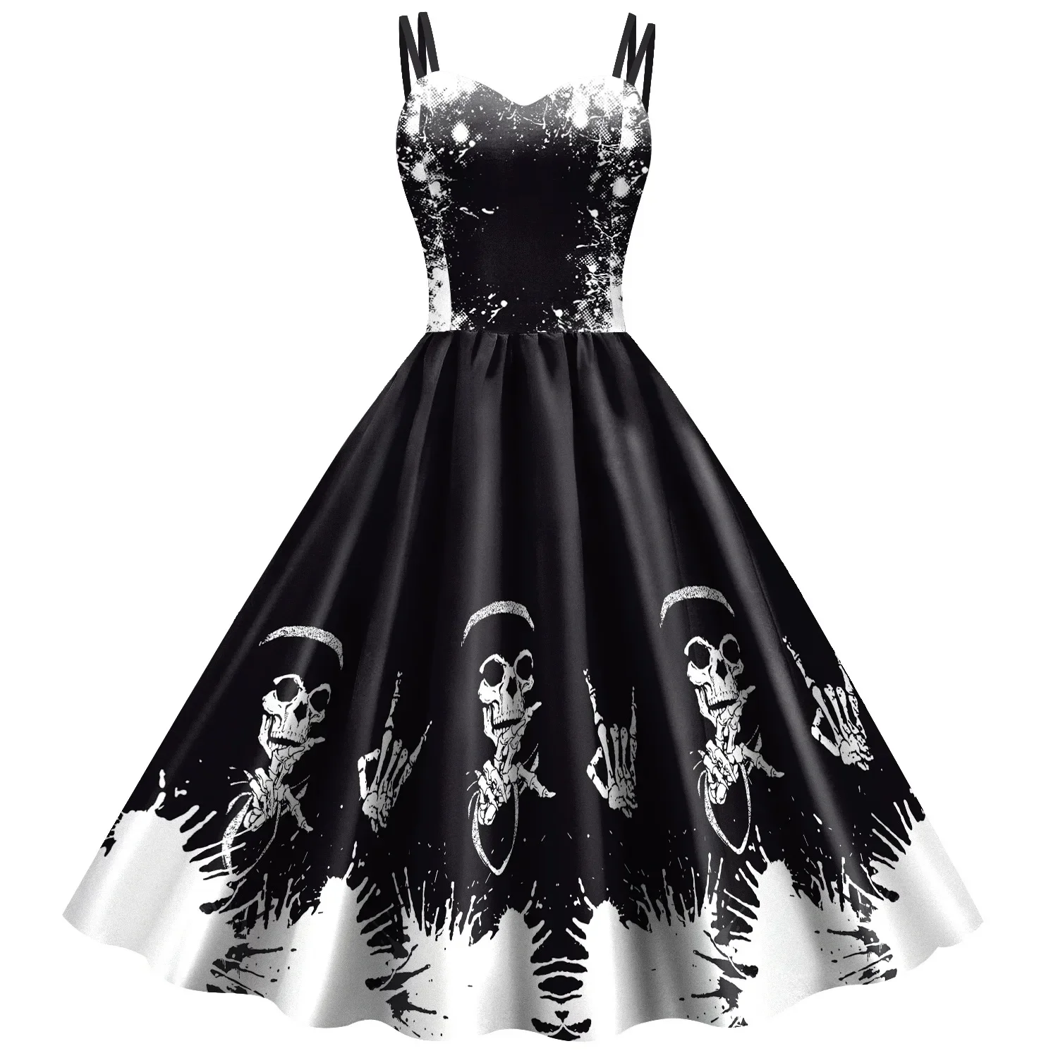 Kostium Cosplay na Halloween Fancy Skeleton Rose Print Women Girl Dresses Female Goth Horror Rockabilly Carnival Dress Up Party