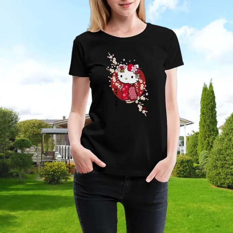 

MOTO-Hello Kitty, летняя футболка, одежда с героями мультфильмов, милая повседневная свободная удобная футболка с коротким рукавом для взрослых