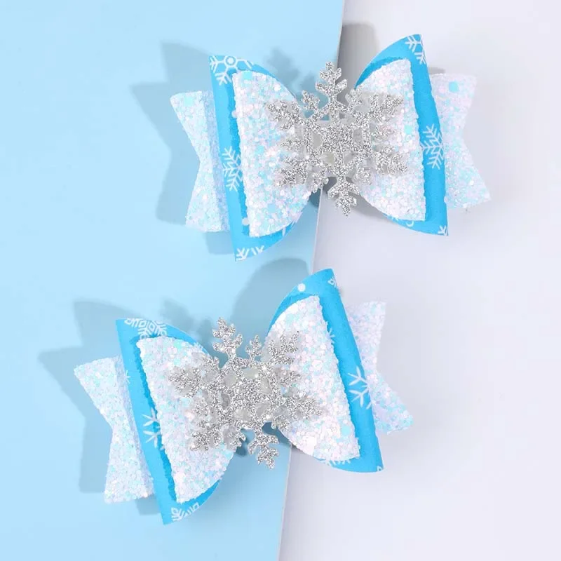 ncmama 2PCS Christmas Snowflake Bow Hairpins Sweet Girls Exquisite Glitter Snowflake Hair Clips Kids Barrettes Hair Accessories