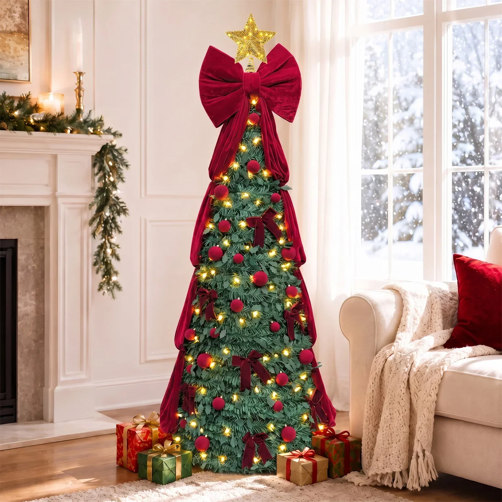 Árbol de Navidad de seda con luces integradas, de 1,8 metros de altura, que se despliega fácilmente. Árbol de Navidad artificial con control remoto y temporizador. Ya viene decorado con adornos de bolas, lazos y cintas. Fácil de montar, ideal para la decoración navideña en interiores y para fiestas en casa.