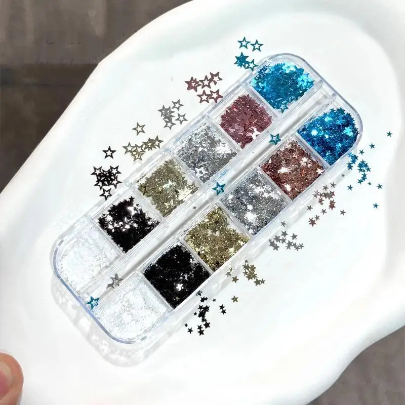 12 Grids Star Sequin Five Pointed Colorful Nail Art Charm Sparkle 3D Rivet Decor DIY Manicure Accessories Kit