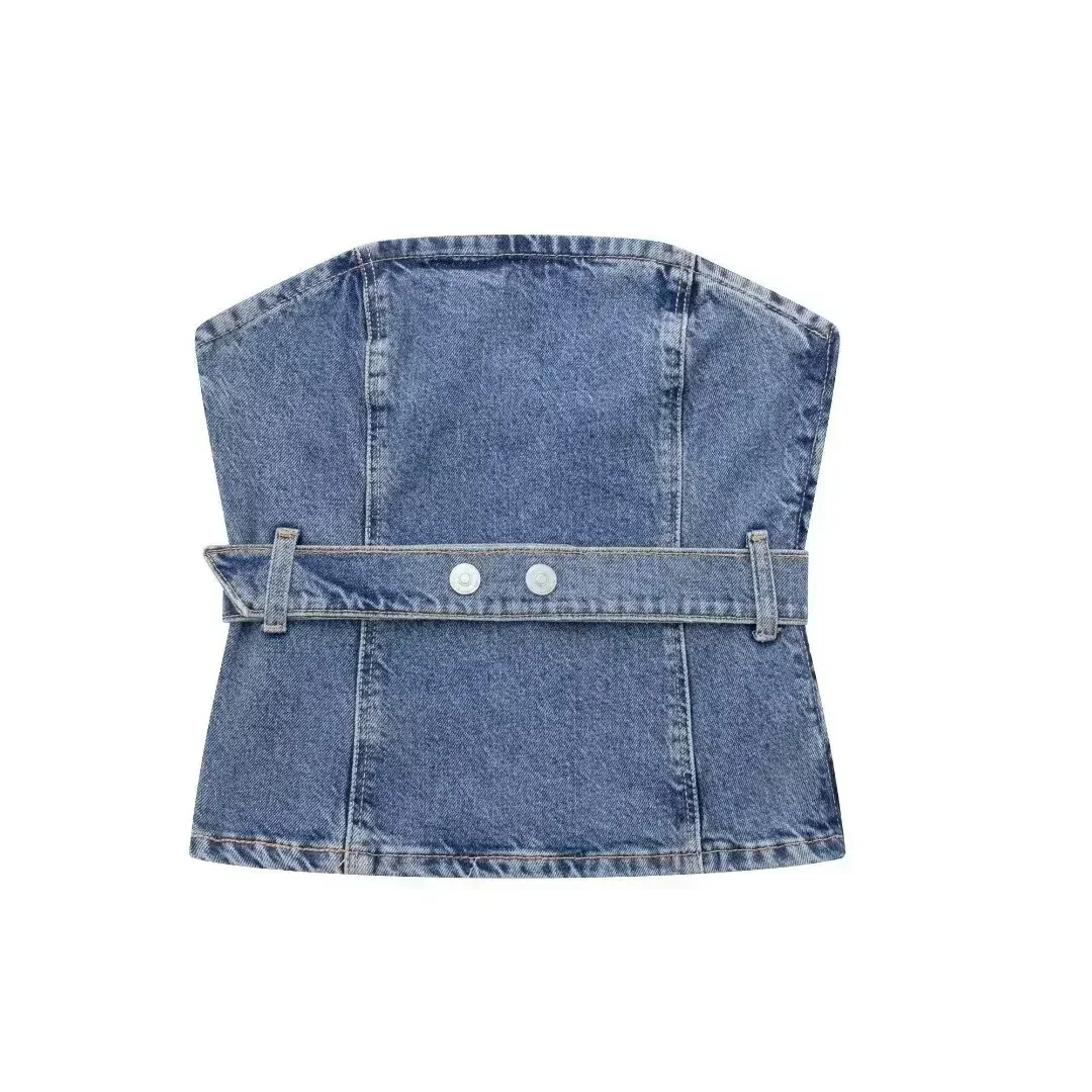 

Women New Fashion With belt Tight corset style Cropped Denim Bra Tops Vintage Backless Button-up Female Waistcoat Chic Tops