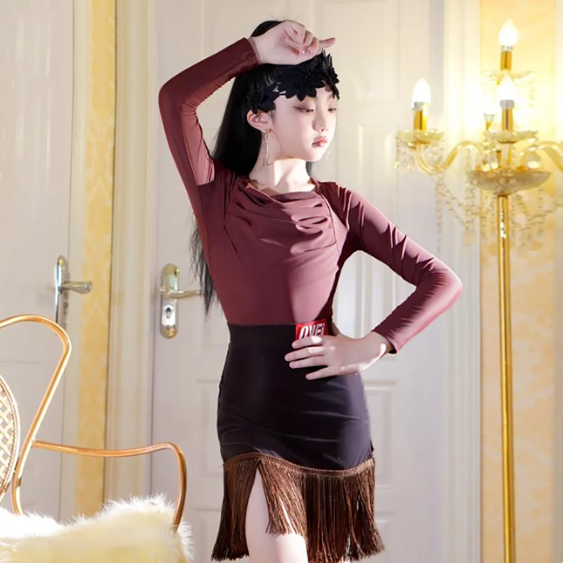 

Kids Girls Latin Dance Costumes Brown Bodysuit and Practice Split Tassel Skirts Children's Ballroom Rumba Performance Dancewear