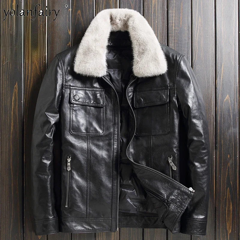 

Genuine Leather Down Jacket Men's Winter Coat Short Lapel Natural Goatskin White Duck Down Mens Leather Clothes Warm Outwears FC