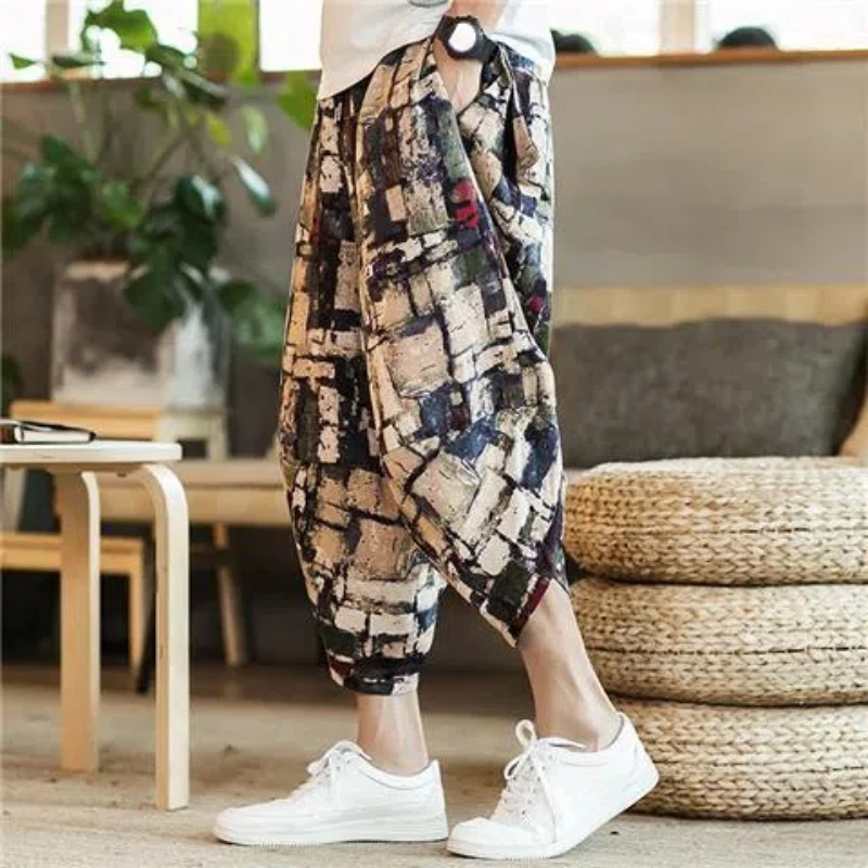 High Street Fashion Casual Summer Men\'s Elastic Waist Fiberflax Printing Pocket Trend Versatile Loose Calf Length Beach Shorts