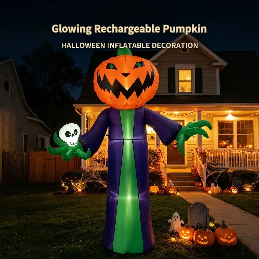 Glowing Rechargeable Halloween Inflatable Pumpkin Ghost Outdoor Decoration LED Light Up Garden Yard Lawn Party Decor