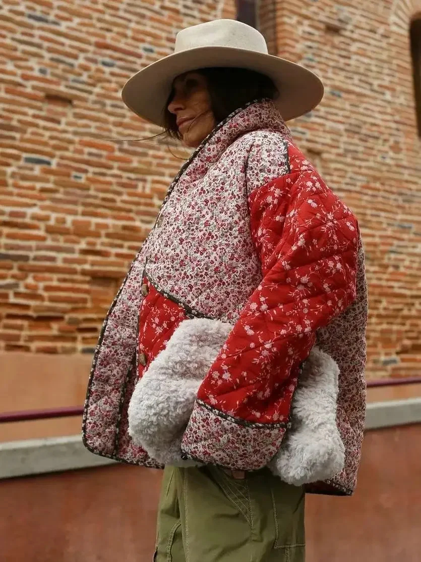 Vestiti imbottiti in cotone da donna caldi invernali stampati a fiori giacca da lavoro da lavoro con bottone singolo femminile cappotto Casual da ragazza calda