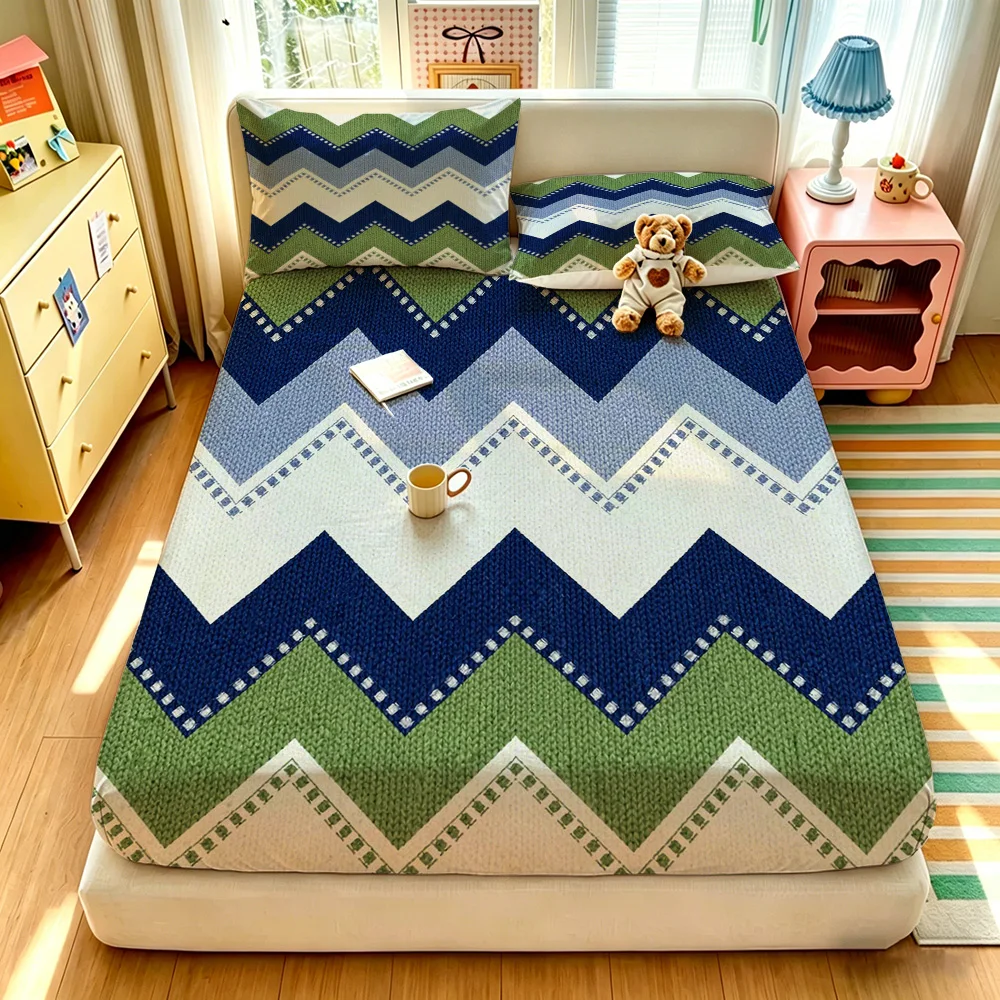 3PCS Color‑Blocked Sawtooth Pattern Bedding Set, 1 Duvet Cover + 2 Pillowcases, No Filling, Soft Comfortable Fabric, Machine