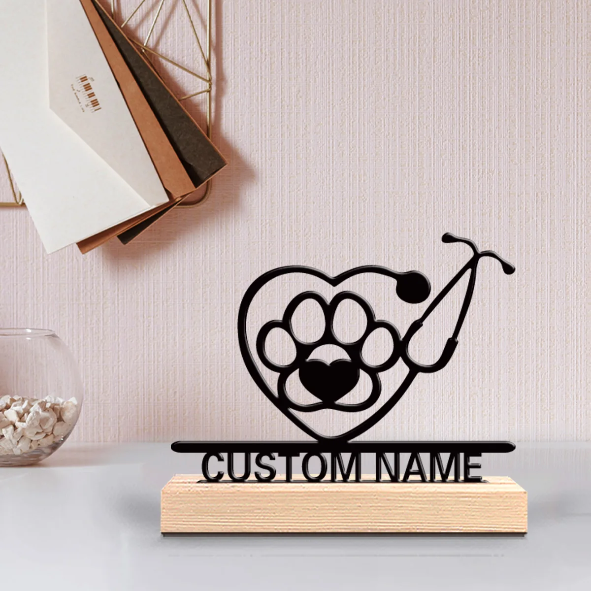 1pc Minimalist Dog paw stethoscope Personalized Text Tin Statue Metal With Wood Base Tin Sculpture For Home Desk Decor