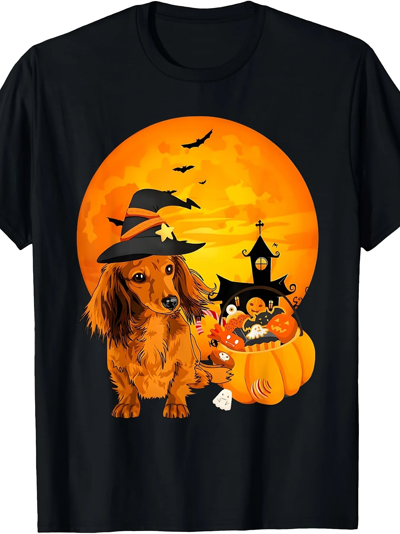 Cute Long Hairy Turkish Halloween Witch Dog T-Shirt, Vintage Casual Crew Neck Print T-Shirt