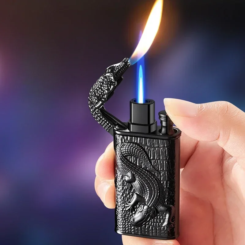 

Креативная тисненая газовая зажигалка Shenlong Double Fire, металлическая, инструмент для распыления пламени, прикуриватель, модные и модные мужские,