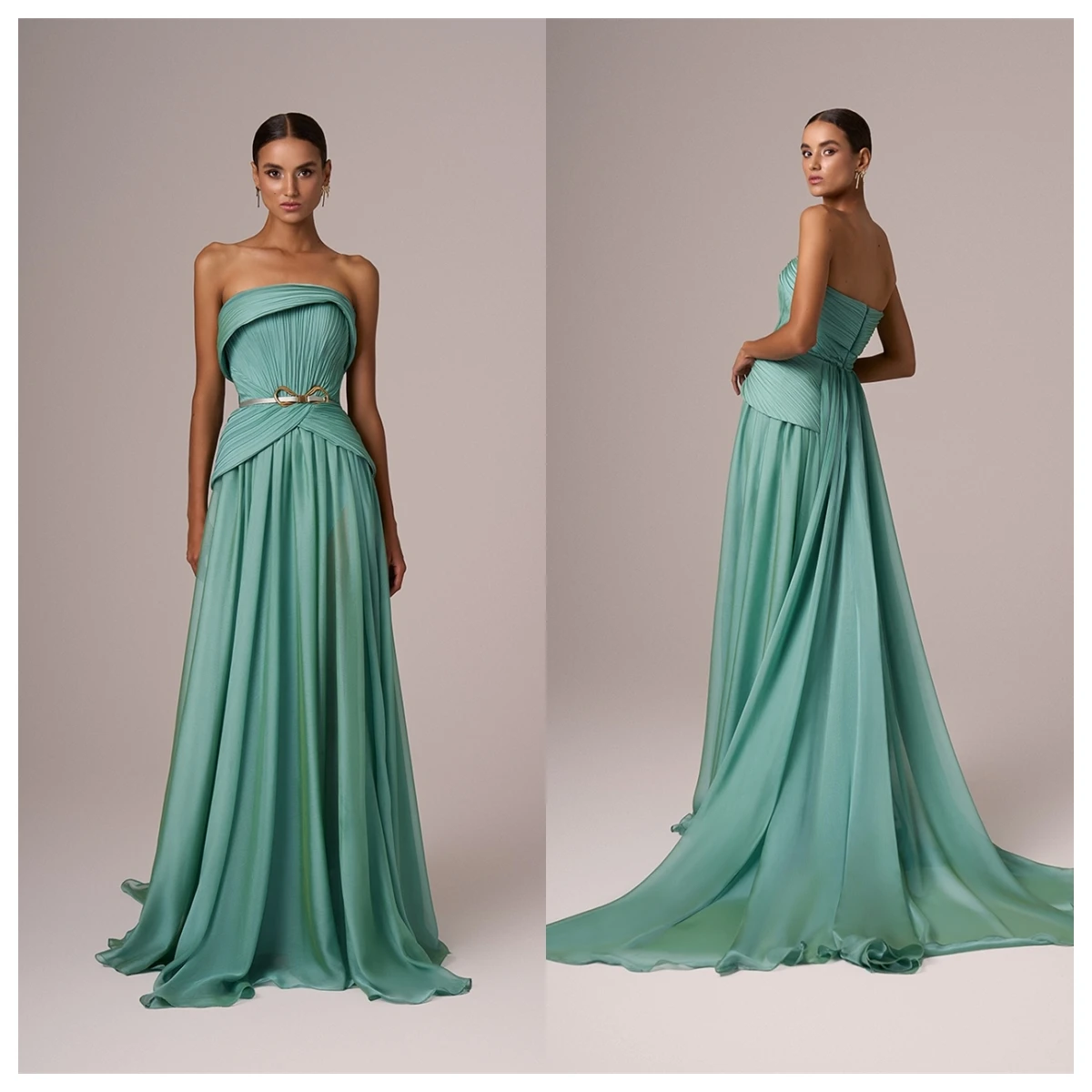 Customized  Delicate  Green Chiffon Evening Dress Strapless Sleeveless Celebrity Gowns Belt Special Occasion Gowns Luxu image 3