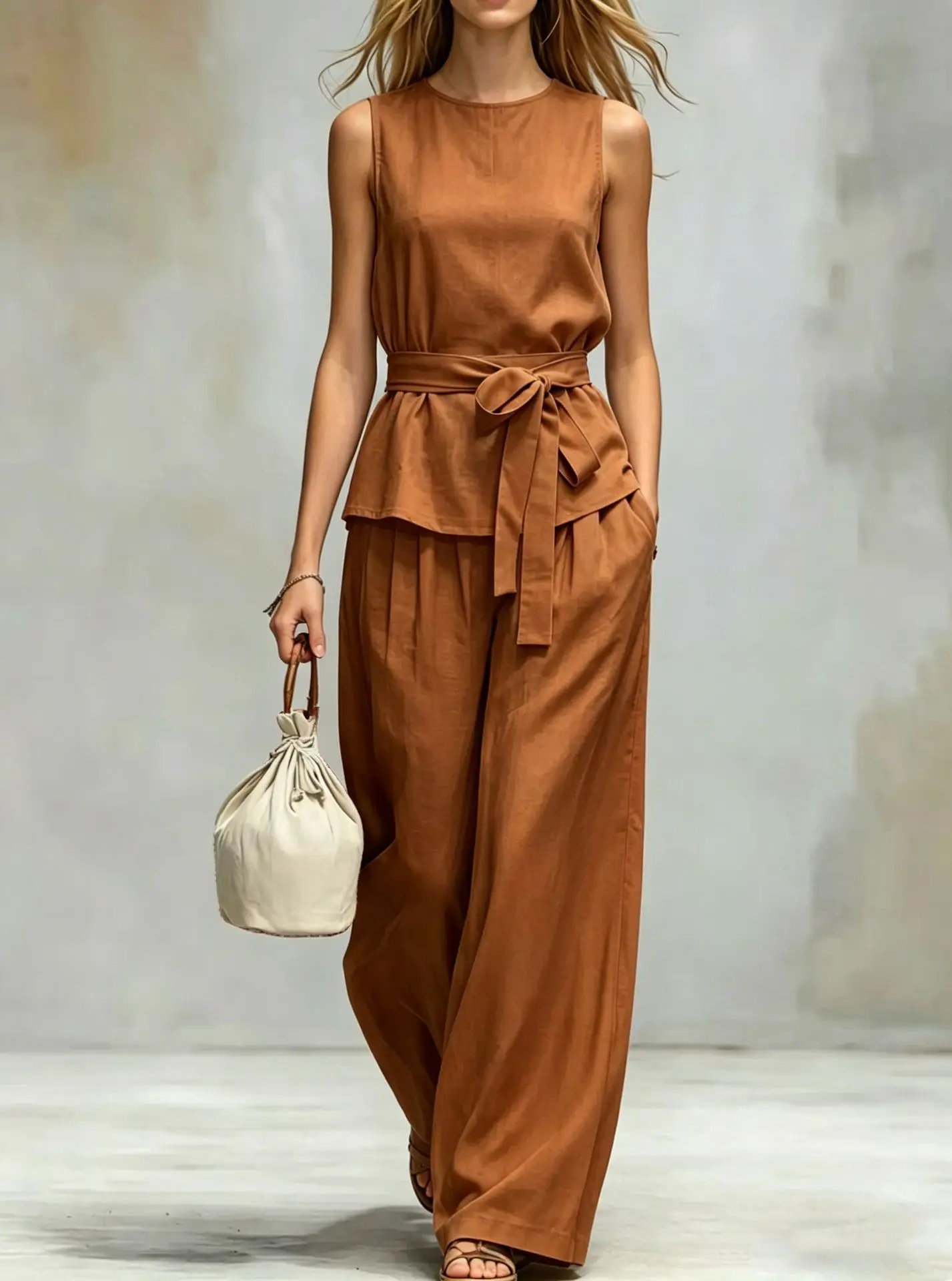 

Women's 2-Piece Set Summer Solid Sleeveless Belted Tank Top High-Waisted Wide-Leg Pant Casual Fashion Solid Color Trousers Suit
