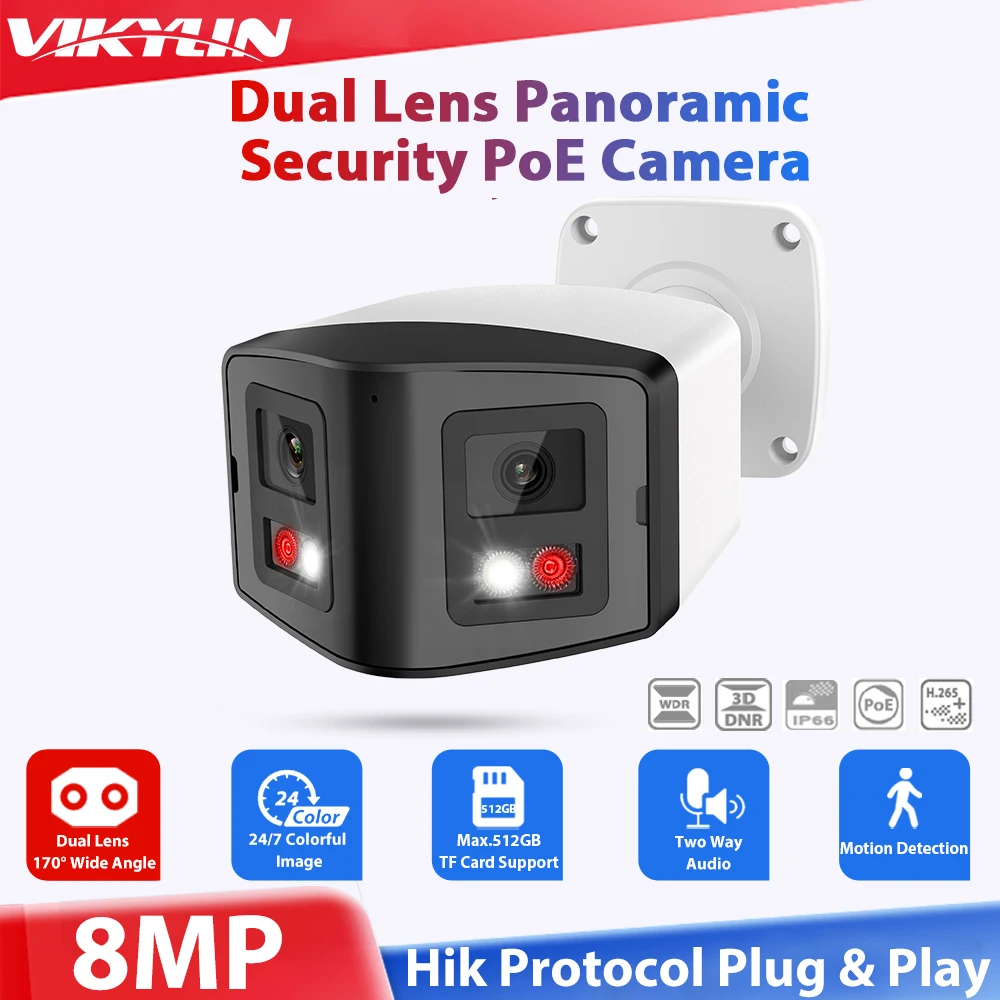 Vikylin 8mp 2.8mm Dual lens Panoramic IP Camera for Hikvision Compatible MD2.0 Two-way Talk Home CCTV POE Security Camera Onvif