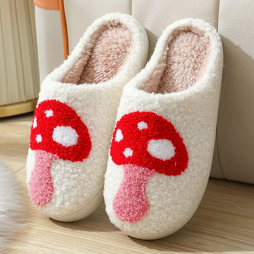 Winter Warm Plush Slippers Women Men Cozy Indoor Home Footwear Soft Cartoon Mushroom Heart Non Slip Bedroom Shoes Slides