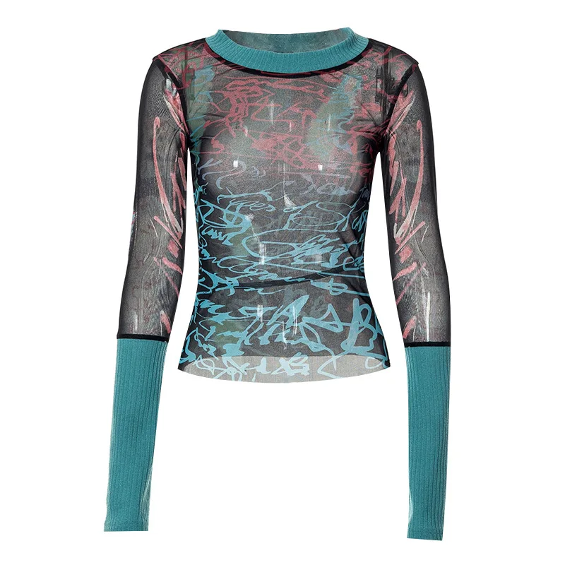 Drucken Y2k Zubehör Crop Top Frauen Kleidung Lange Ärmeln Grafik T Hemd Oansatz Gothic Ästhetischen T-shirt Pullover Ropa De Mujer – Detail 12