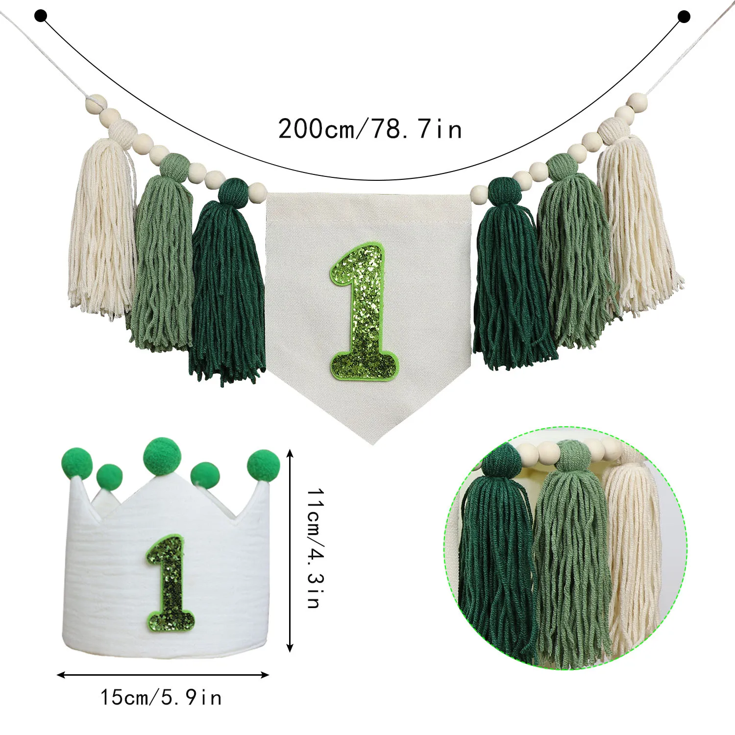 1st Birthday High Chair Banner Baby Birthday Party Green Handmade Wooden Bead Tassel Decoration Photographic Prop Holiday party