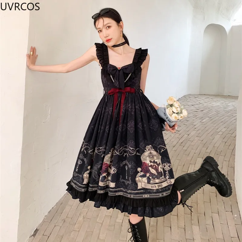 Japanese Gothic Lolita Style Jsk Dress Girls Victorian Retro Nightingale Rose Sling Dresses Women Mesh Patchwork Kawaii Vestidos