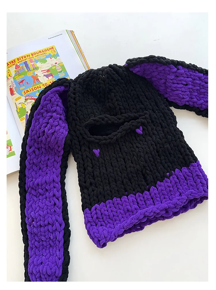 Y2k lange Hasen ohren Hut Winter handgemachte gestrickte lustige Mütze Kappe verdicken warme Voll gesicht Ski maske Abdeckung Sturmhaube für Party – Detail 18