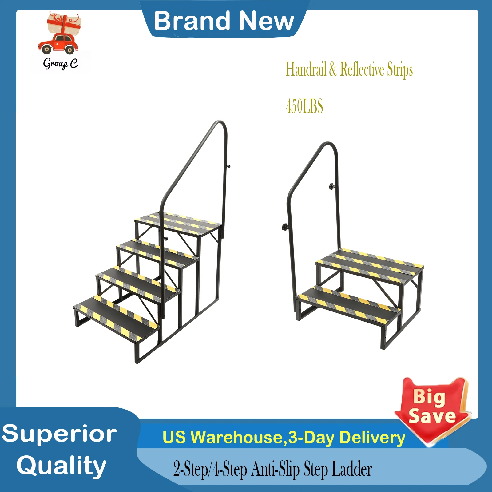 

2-ступенчатая/4-ступенчатая противоскользящая стремянка с поручнями и светоотражающими полосами 450 фунтов для домашнего входа в бассейн на колесах