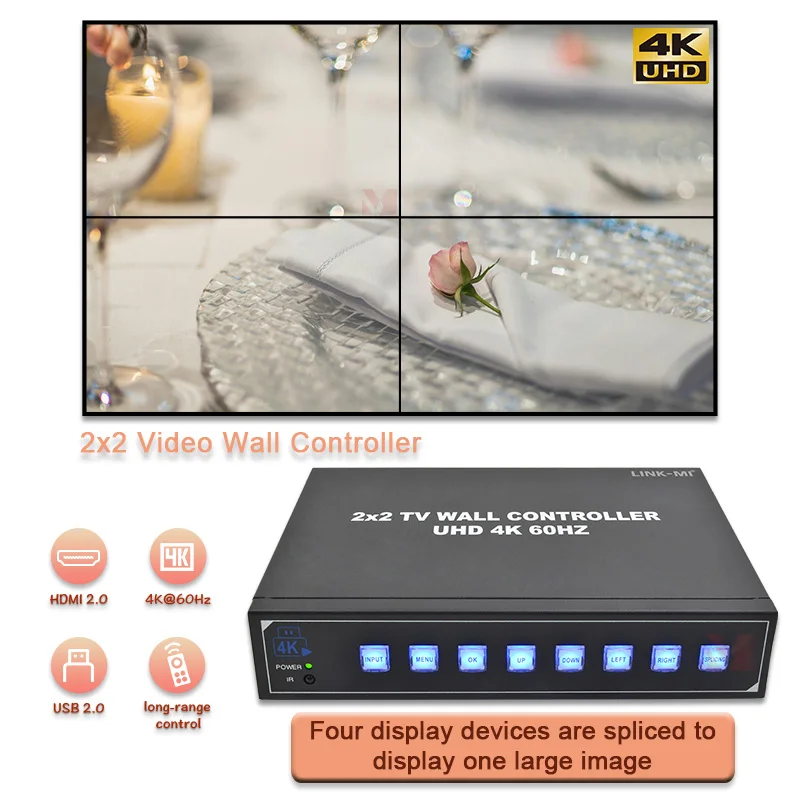 

2x2 Video Wall Controller 4K@60 HDMI 2.0 TV Wall Controller 1x2, 1x3, 1x4, 2x2, 2x1, 3x1, 4x1 SPDIF optical Splicing Controller