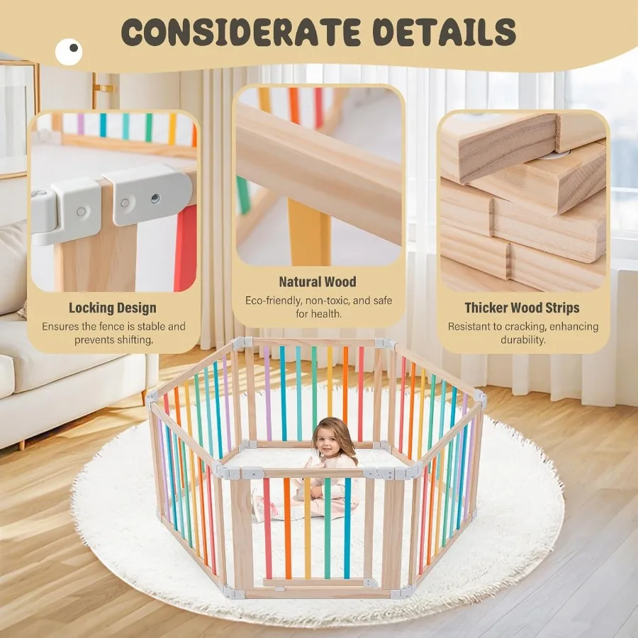 Baby Wooden Playpen Foldable Shape and Size Adjustable Playpen for Toddler and Babies Wood Baby Play Yard with Locking Gate Lar