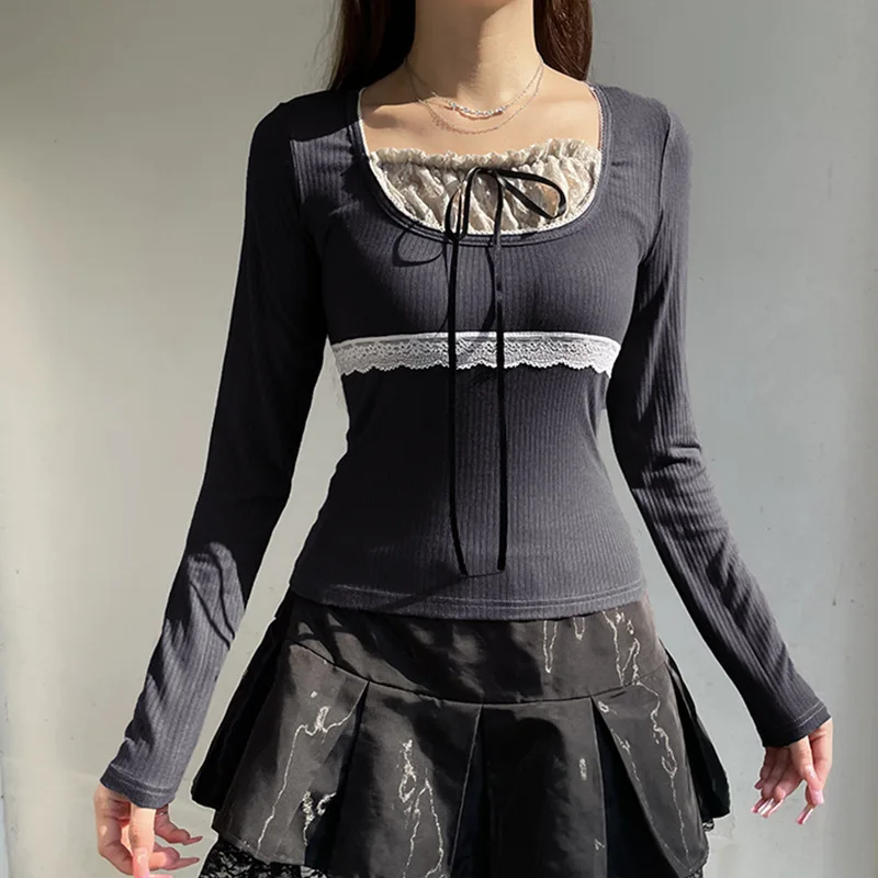 

Instagram Women's Contrasting Patchwork Fake Two-Piece Lace Up Top Sexy Low Cut Short Sleeved Pullover T-Shirt