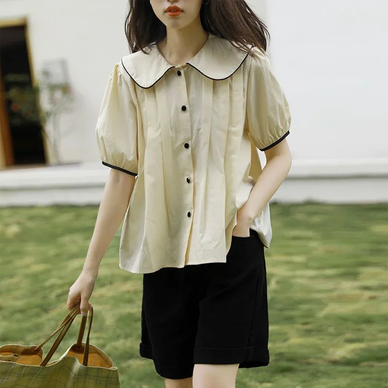 

Рубашки женские с воротником Питера Пэна, девичьи летние студенческие простые рубашки с пышными рукавами, свободные, в корейском стиле, милые, универсальные, повседневные, модные