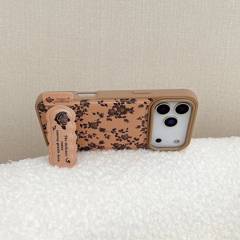 เคสโทรศัพท์หนังลายดอกกุหลาบสีชมพูน้ำตาลแบบเต็มจอพร้อมที่จับ สำหรับ iPhone 17 16 15 14 13 Pro Max