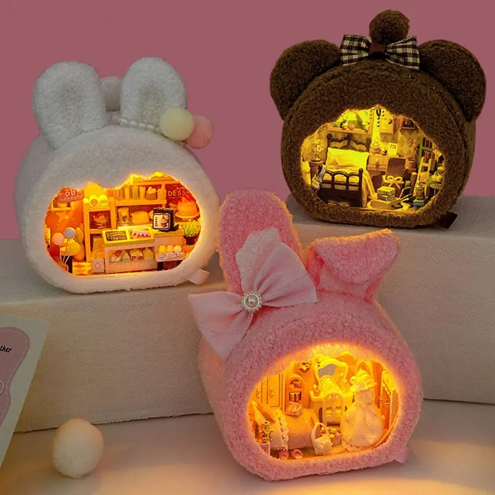 Handmade DIY Mini Wooden Dollhouse Warm Glow LED Lamp Small House Making Kit Plush Craftsmanship Cute Miniature Building Toys