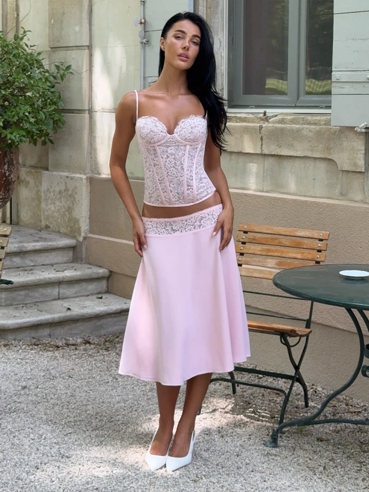 Sexy Lace Vest Skirt Set Women Beach See Through Sling Crop Tops Patchwwork Skirts 2026 Summer Autumn Vacation Lady Suits New