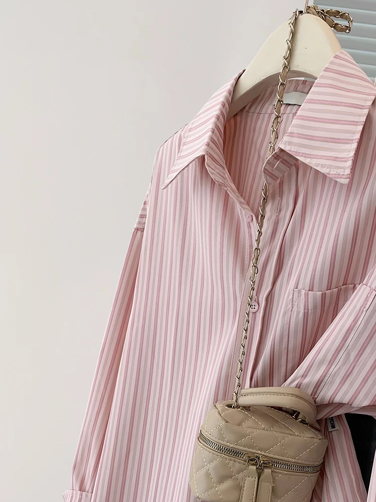 Women Pink Striped Print Button Up Shirt Harajuku Vintage Simple Casual Lapel Blouse Long Sleeve Loose Tops