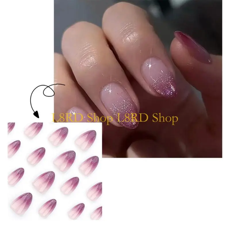 L8RD 24Pieces Short French Tip Press On Gradients Shimmery Almond Faux Glues On for Women Gift