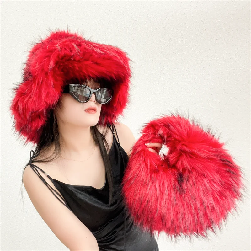 

Fashion Faux Fur Bucket Hat For Girl Supper Fluffy And Big Furry Fur Cap Luxury Fluffy Fisherman Hat With Fur Handbag Set