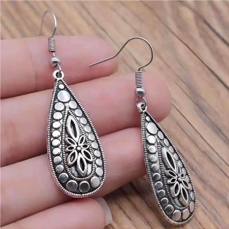DIY accessories Chinese retro style simple carved water drop-shaped alloy earrings necklace, cross-border simple temperament jew