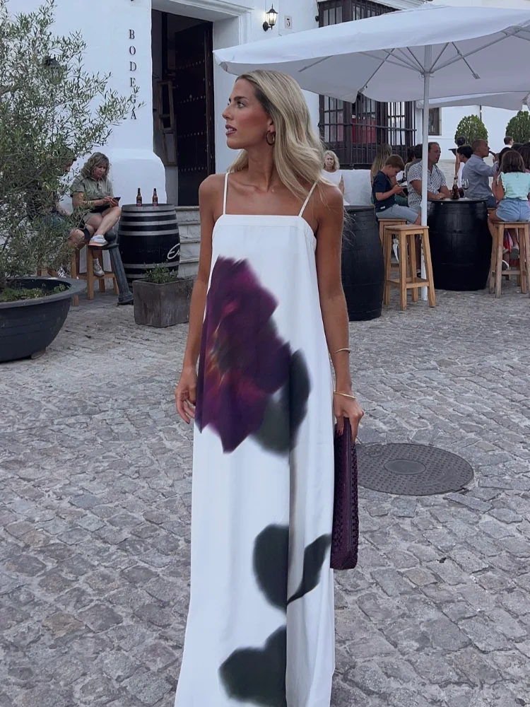 

Casual Loose Flower Print Sling Maxi Dress For Women Elegant Backless Sleeveless Off Shoulder Dresses Female Chic Vacation Robes