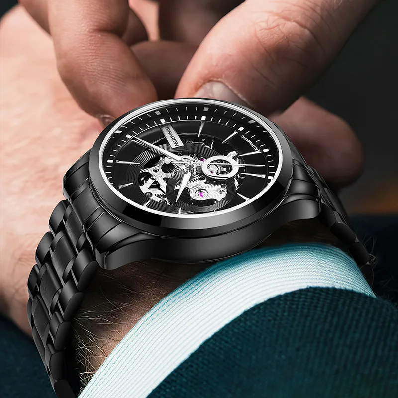 

Mark Fairwhale модные мужские полые механические часы водонепроницаемые светящиеся деловые часы из нержавеющей стали с турбийоном для мужчин