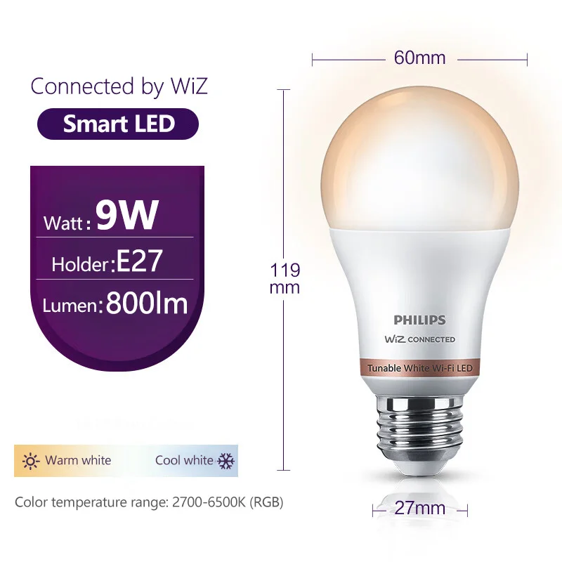 فيليبس الانضمام الأبيض واي فاي LED لمبة ذكية 9 واط E27 220-240 فولت WiZ App التحكم الدافئ لتبريد اللون الأبيض EyeComfort عكس الضوء مصباح #6
