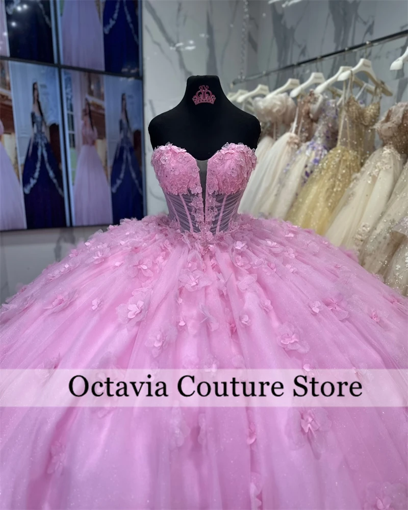 المكسيك الوردي حبة فساتين Quinceanera الكرة ثوب ثلاثية الأبعاد زهرة فستان فاخر المرأة 2024 الحبيب ثوب رسمي الحلو 16 مخصص